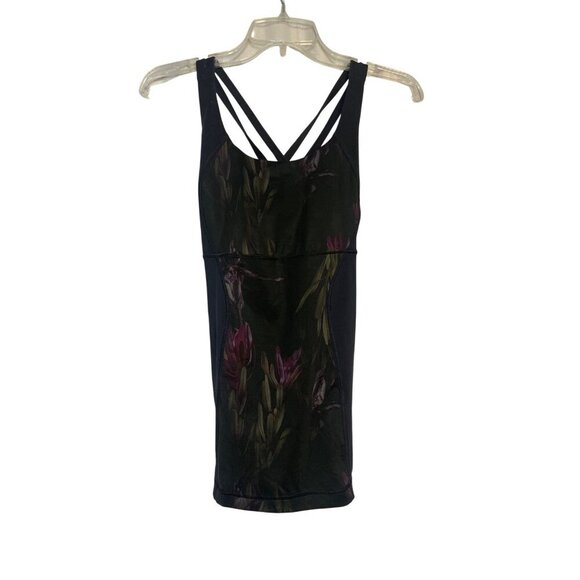 Lululemon Black Floral Print Strappy Tank Top With Built-In Bra Womens Size S - Picture 1 of 5